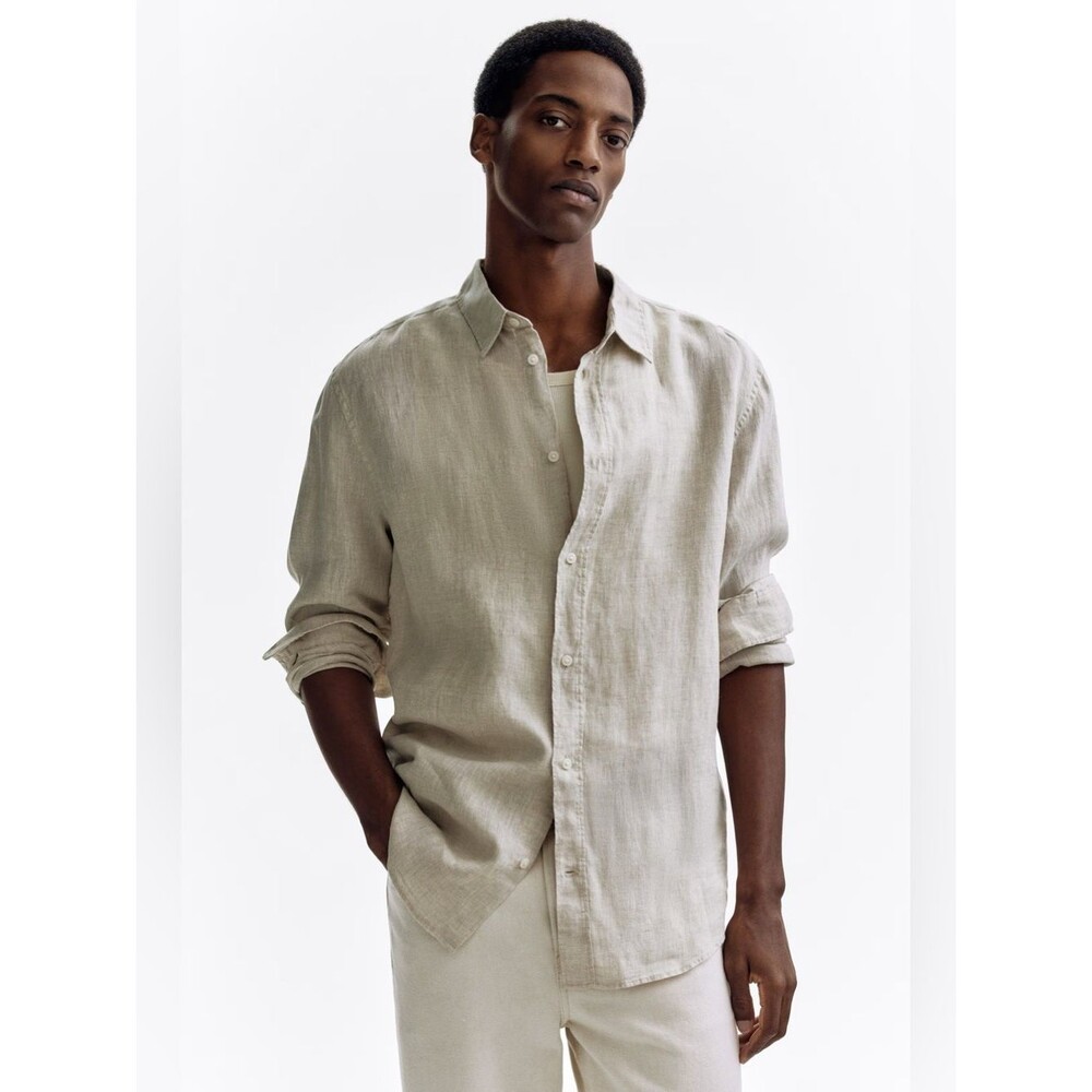 No17 H&M Essentials Mens Shirt Size S Linen Long Sleeve Beige Button Down NWOT